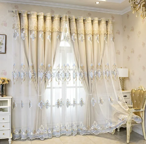 Nordic Style Light Luxury Beige Flame Cloth Gauze Integrated Embroidered Curtains Living Room Bedroom Balcony Blackout Curtains
