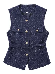 KAOPU ZA Women with belt texture vest top vintage o-neck sleeveless female waistcoat chic tops