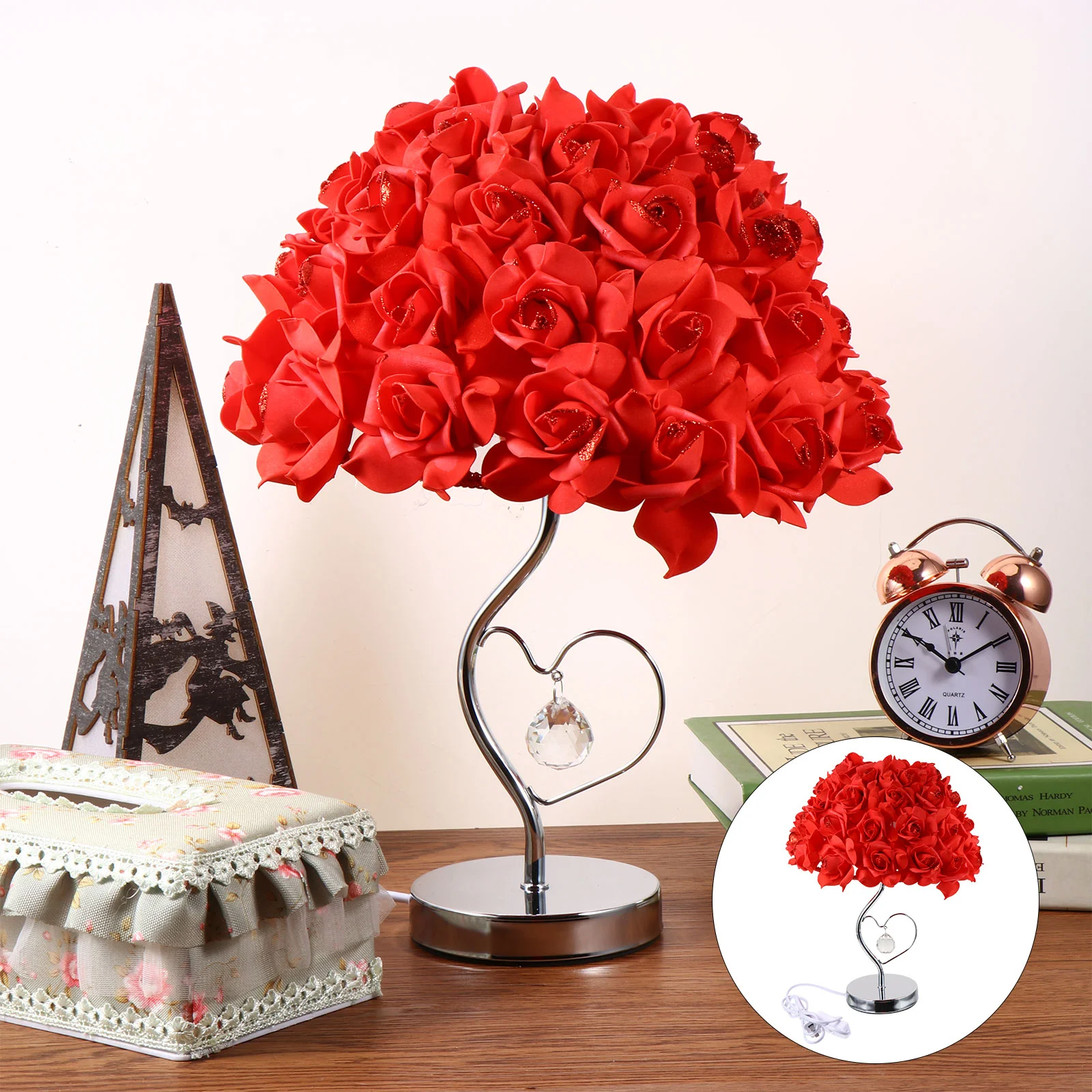 

Table Decor Desk Lamp Flower Night Light Vintage Bedside Rose Home Red Miss Girl