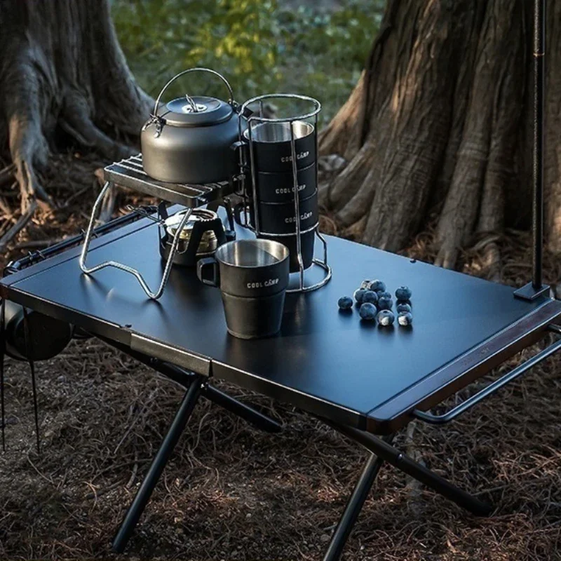 Outdoor Camping Table Folding Portable Picnic Table Side Hanging Steel Barbecue Table Retro End Table Japanese Camping Table