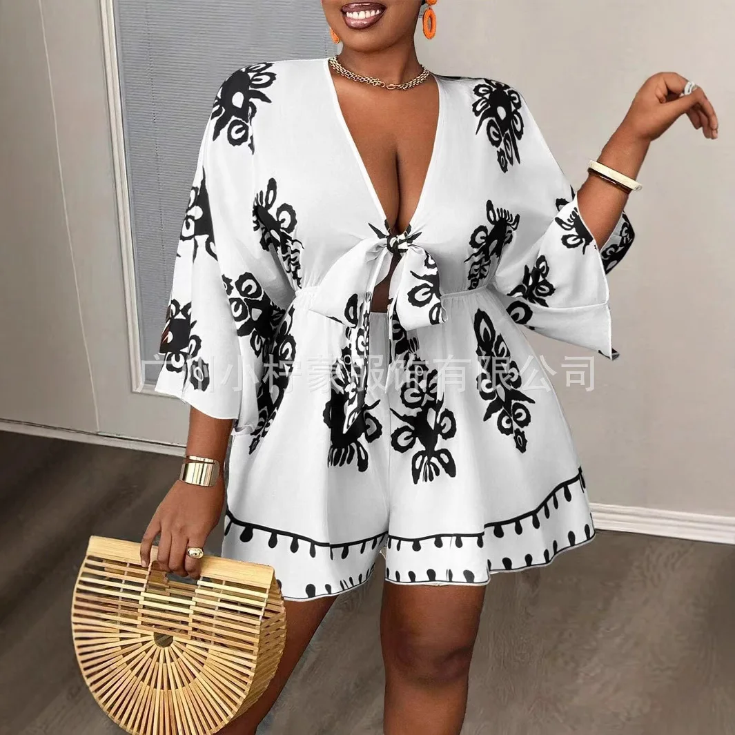 Maat voor dames, korte mouwen bedrukt sexy los met diepe V-hals, dunschiller voor zomervakanties, verzending triangulatie