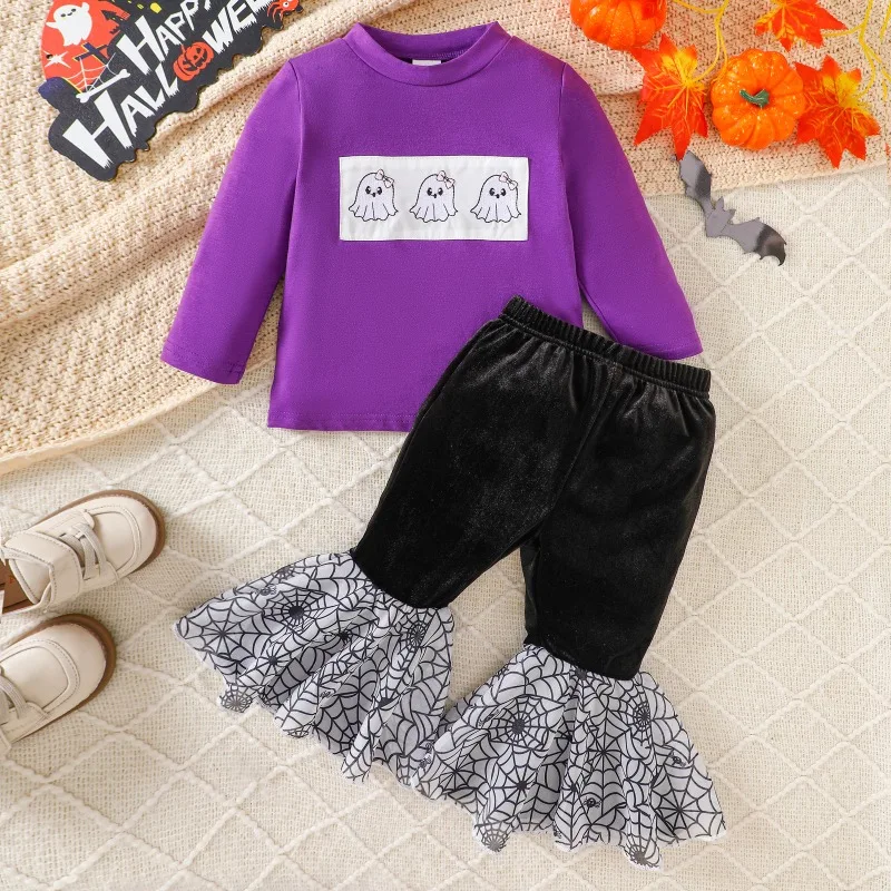 

Baby Girl Clothes Sets Halloween Outfit Cartoon Ghost Cobweb Pattern Top Bell-bottoms Baby Girl Festival Children's Gift Costume