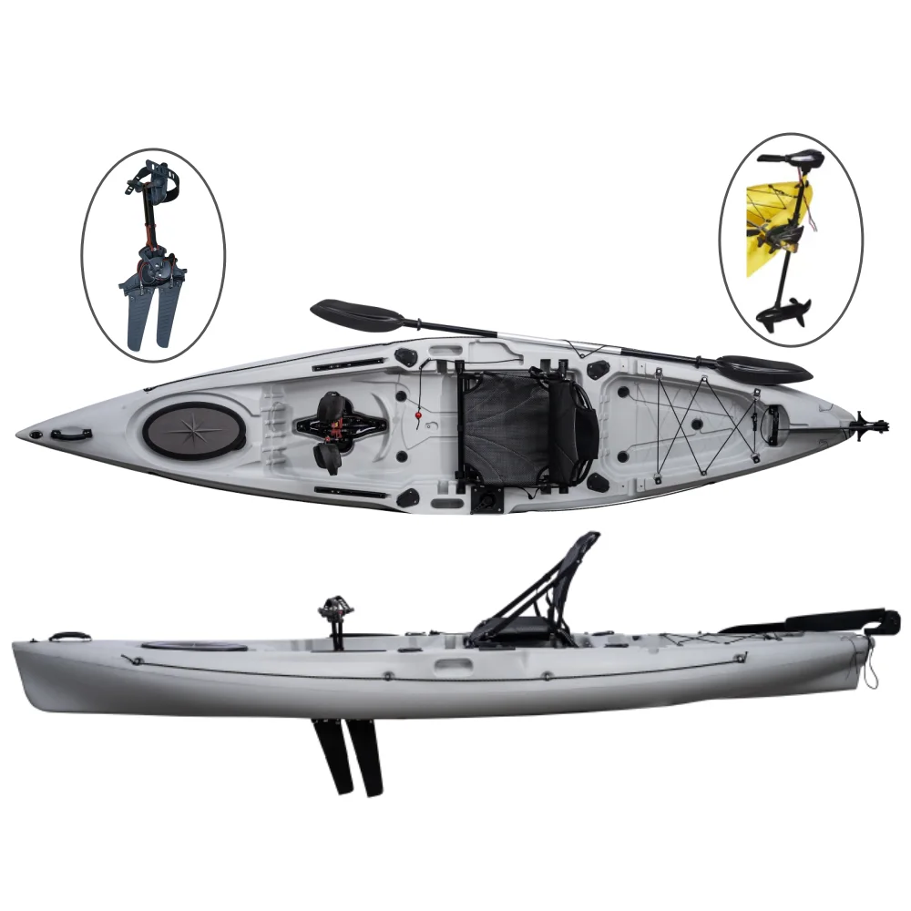 

12-футовый одноместный рыболовный каяк из HDPE с педальным приводом и системой педального управления с помощью ласт.