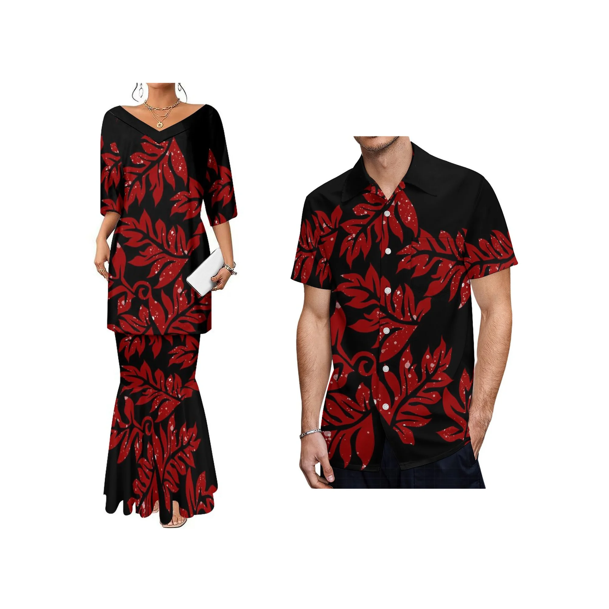 Dropshipping Customized 2 Pcs Fishtail Skirt and Top Set Dress Polynesian Tribal Design V Neck Half Sleeve Samoa Puletasi