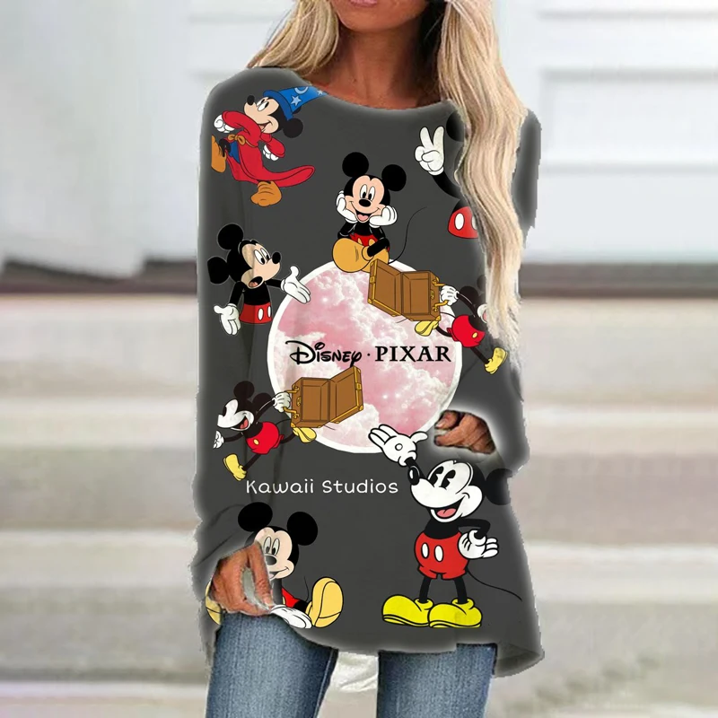 

Spring and Autumn New Mickey Minnie Cartoon Women's Round Neck Loose Long Sleeve Pullover T-Shirt Versatile Casual T-Shirt Top