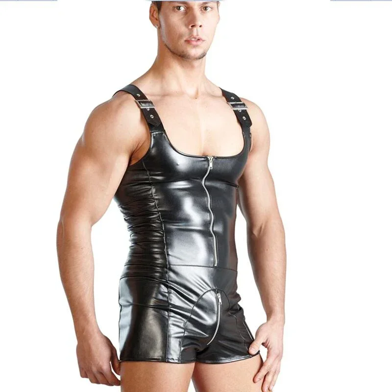 

Black PU Leather Sexy Clubwear Male Zipper Open Crotch Spandex Catsuit