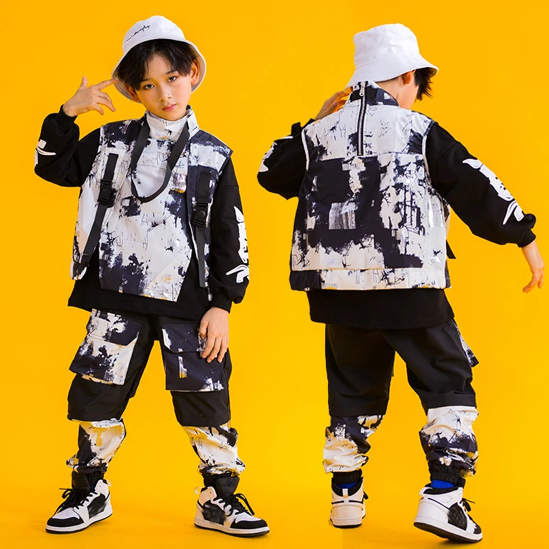 Kpop strój kamuflaż kamizelka spodnie do biegania dla dziewczynek chłopcy Jazz kostium taneczny dzieci Hip Hop taniec ubrania Streetwear XS3572