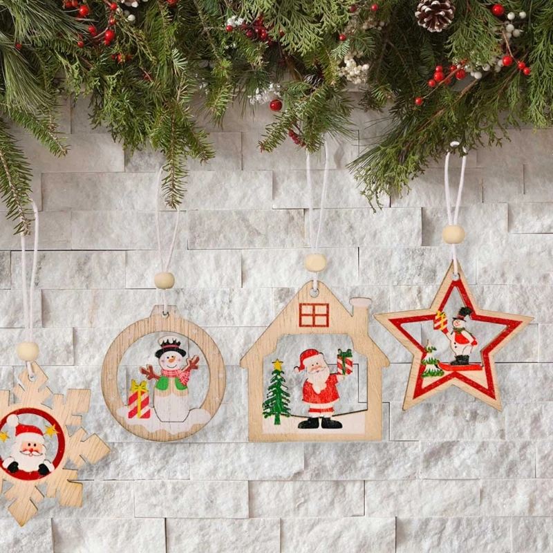 12 ชิ้นชุดเครื่องประดับต้นคริสต์มาสไม้ Santa Snowman Star House Snowflake แขวนจี้ Xmas Home Party ประตูของขวัญกล่อง