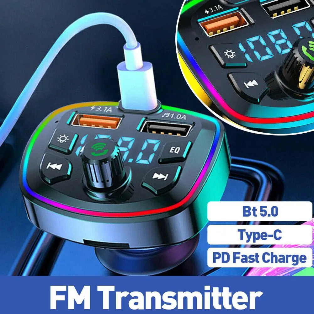 7 in 1 Fast Car FM Transmitters Charging Bluetooth Receiver PD 20W QC 3.0 MP3 Player USB Flash Drive Memory Cards 128G RGB Light