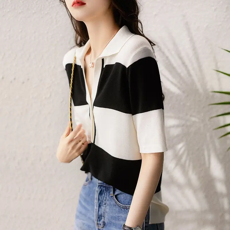 Temperament Sweet SummerT-Shirts Women's POLO Collar Striped Contrast Color Patchwork Fashion Casual Loose Short Sleeve Knit Top image 5