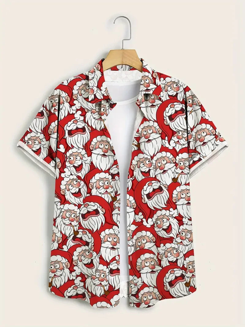 2025 Camisa hawaiana de surf de Papá Noel Camisas de dibujos animados de moda unisex Blusa de manga corta Tops festivos de Navidad para vacaciones