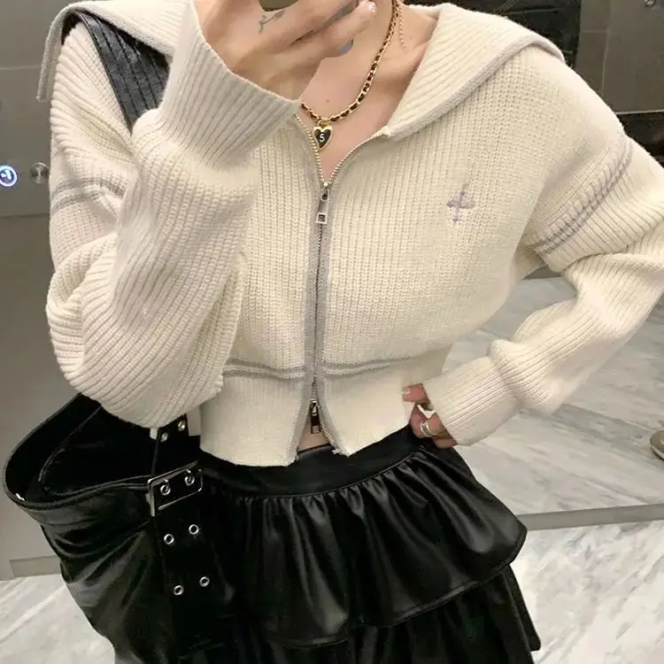 

Korean Short Cardigan Sweater Lapel Double Zipper Cardigan Pull Jumpers Clothes 2024 Sweaters For Women Black Fall Lazy