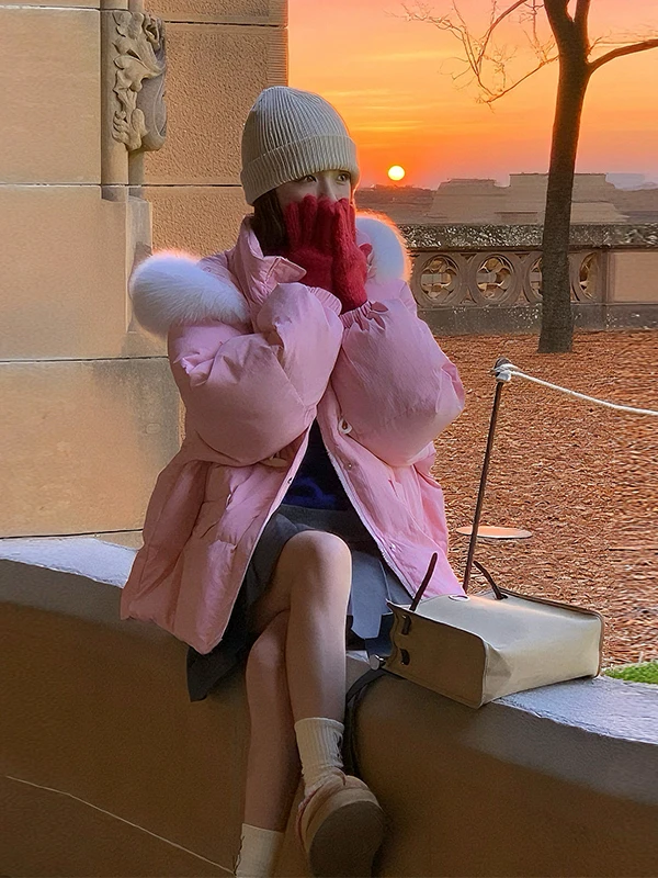 

Теплая женская модная короткая куртка с пуховым наполнителем, на пуговицах, с большим меховым воротником, антивозрастная зимняя верхняя одежда