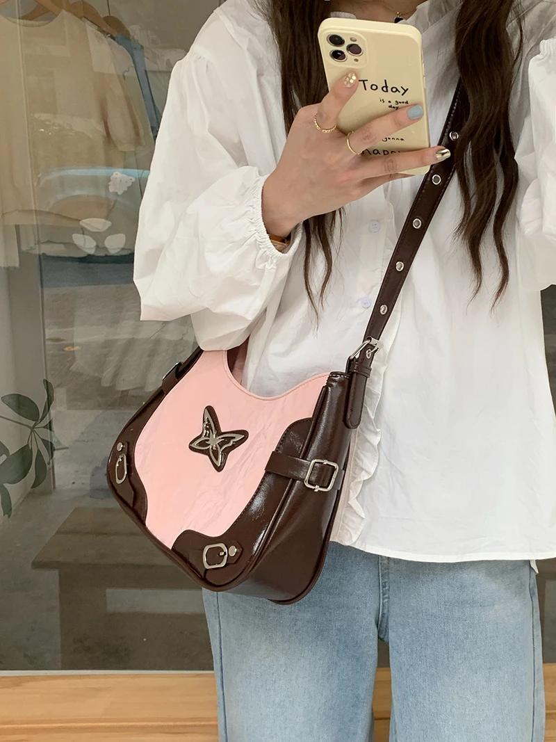 Vintage Butterfly Women's Shoulder Bags Rivet Locomotive Cool Girls Underarm Bag Contrast Color Female Crossbody Bag Handbags