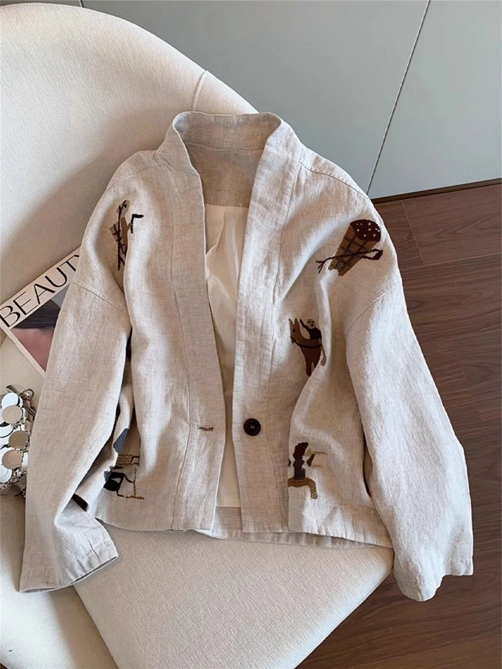 

Льняной топ с тяжелой вышивкой в стиле ретро, повседневный тонкий топ с v-образным вырезом для мужчин и женщин, весенне-осенний модный дизайн