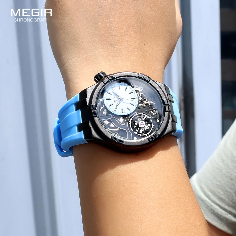 MEGIR Sport Watch Men Fashion Military Sport Waterproof Luminous Simple Analog Wristwatch with Blue Silicone Strap MN8111Blue