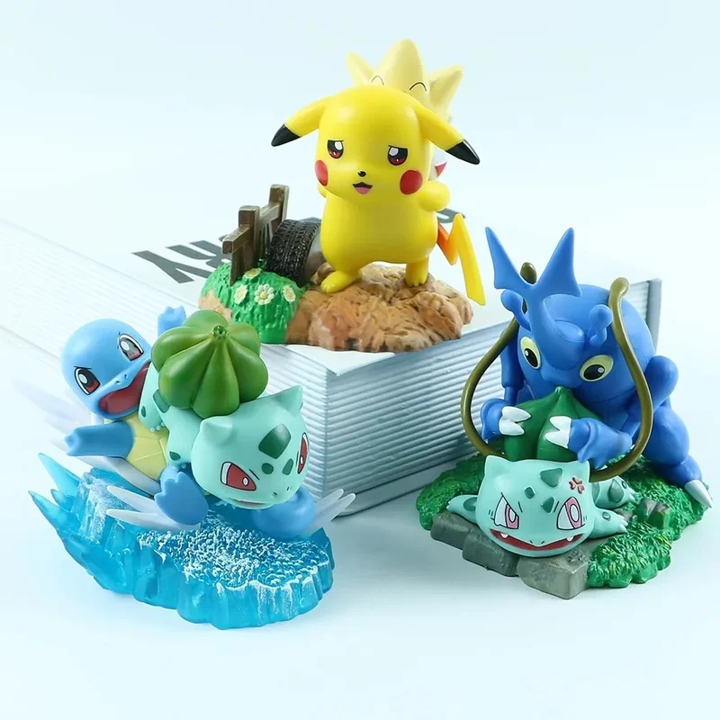 3PCS Pokemon Pikachu Squirtle Bulbasaur Szene Action-figuren Desktop Ornament Puppe Modell Auto Decor Geschenk Sammeln Trendy Spielzeug