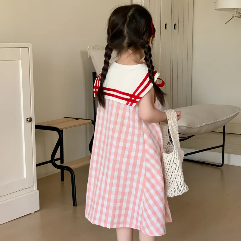 2024 Plaid Preppy Style Girl\'s Dress Sailor Collar Sleeveless Clothing Stripe with Lace Up Sweet Girl Kids Causal Vest Dresses