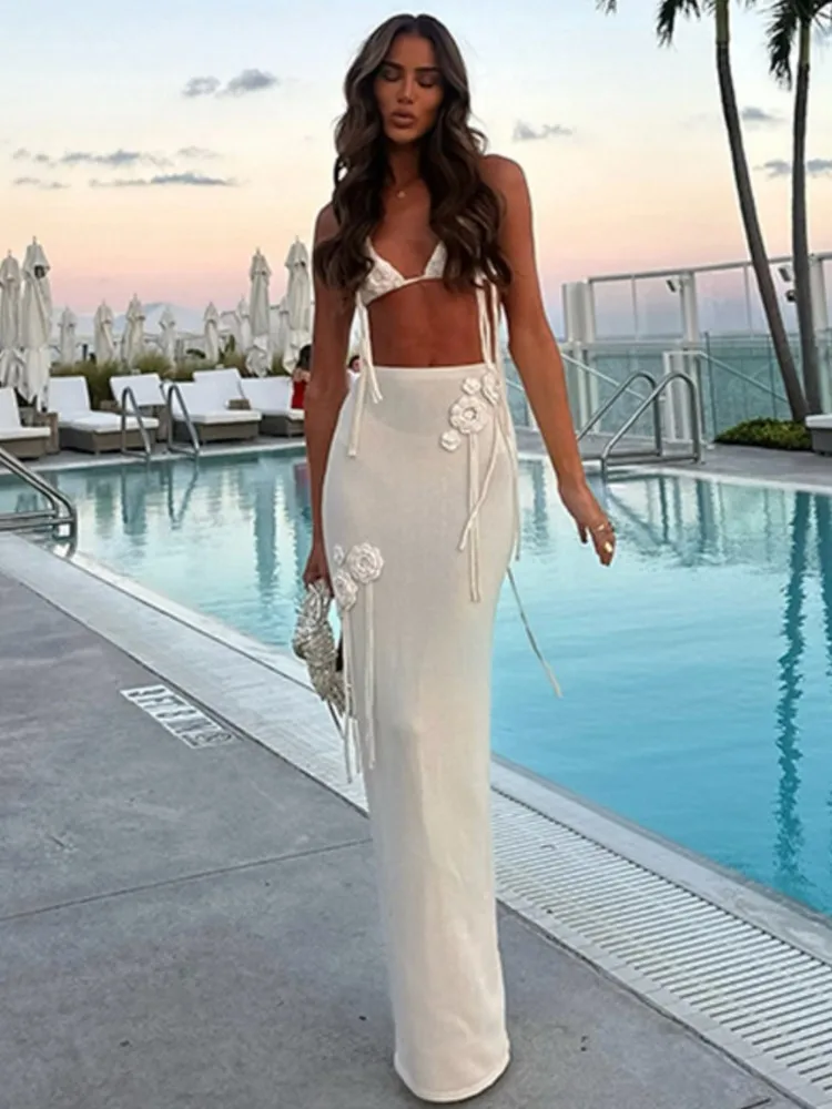 ملابس السباحة تنورة التستر 2 قطعة مجموعة النساء المحاصيل القمم وتنورة طويلة ثوب السباحة موضة الصلبة الجوف مثير الشاطئ التستر وتتسابق