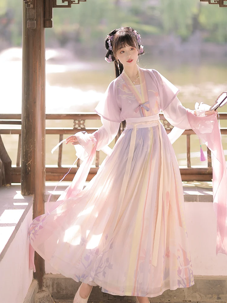 

Hanfu Women Round Neck Short Shirt Pleated Skirt Original Waist Length Chinese Traditional Dress Antique Cosplay Summer Dress