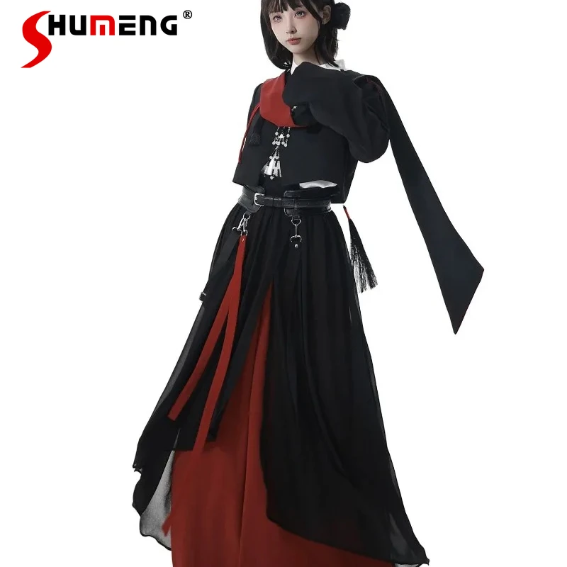 

Red Black Color Chinese-style Short Jacket And Long Pants Outfits With Irregular Design And Slimming Top Y2k Clothes For Women