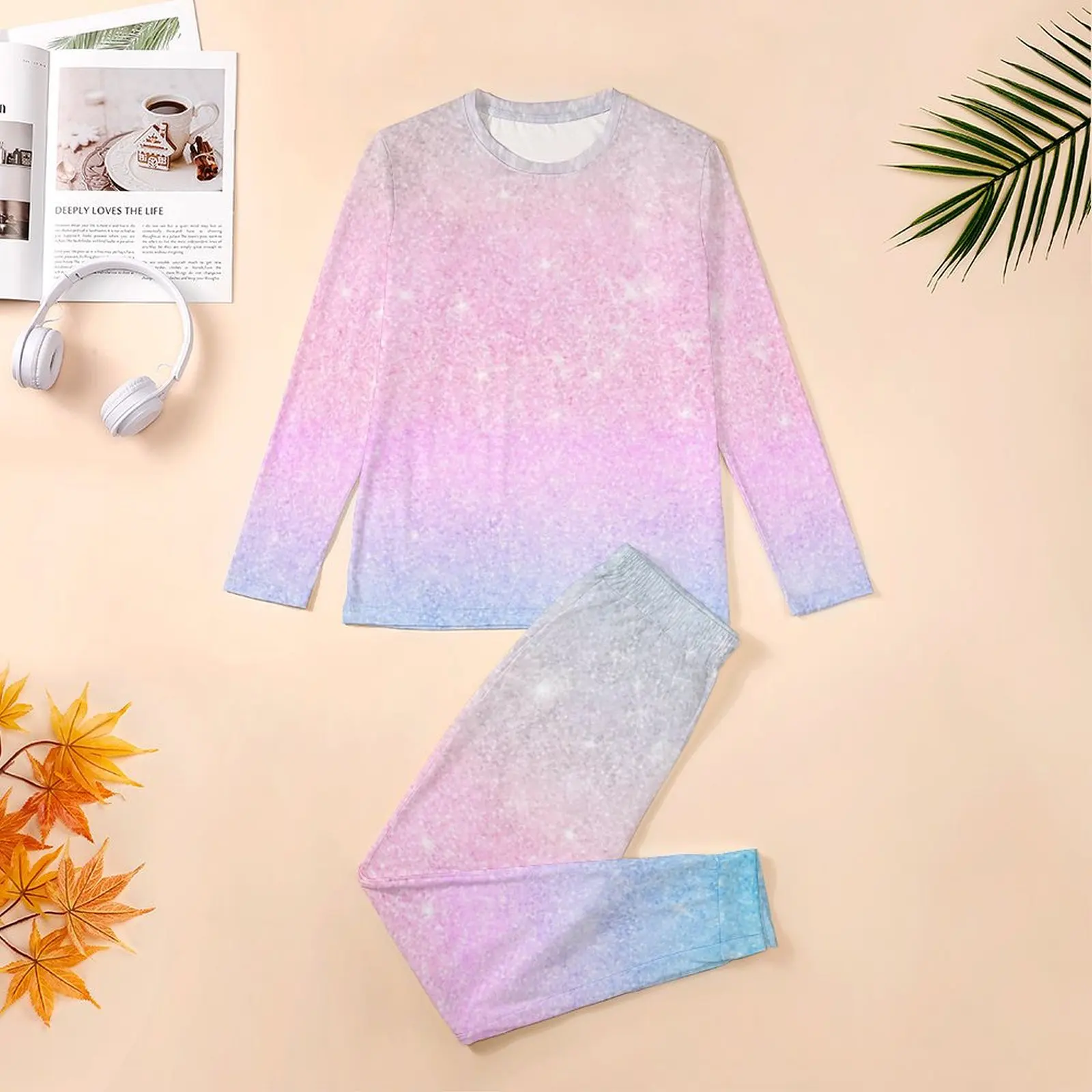 Elegant Ombre Pajamas Autumn Pink Silver Glitter Print Leisure Home Suit Man 2 Pieces Design Long Sleeve Oversize Pajama Sets