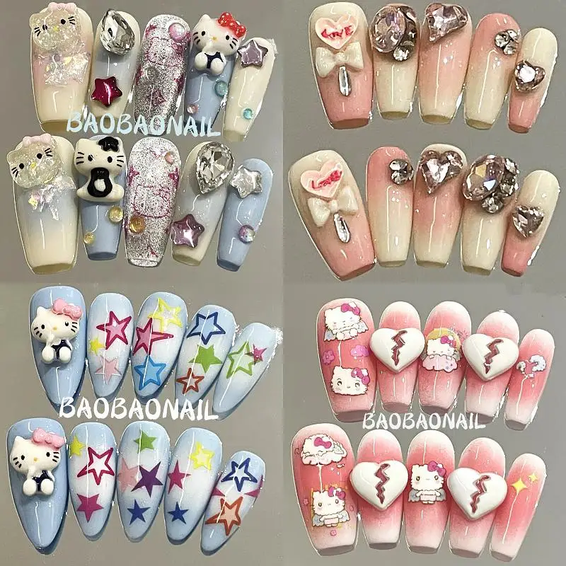 Cartoon Sanrios Hello Kitty Star Heart K9 Water Diamond Handmade Press On Nails Tips Nails Design Manicure Girls Gift