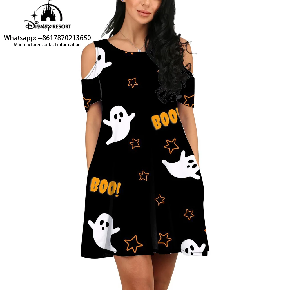 Gaun 3D kasual wanita mode baru musim panas 2024 gaun bahu terbuka leher bulat motif kartun Mickey Halloween kasual