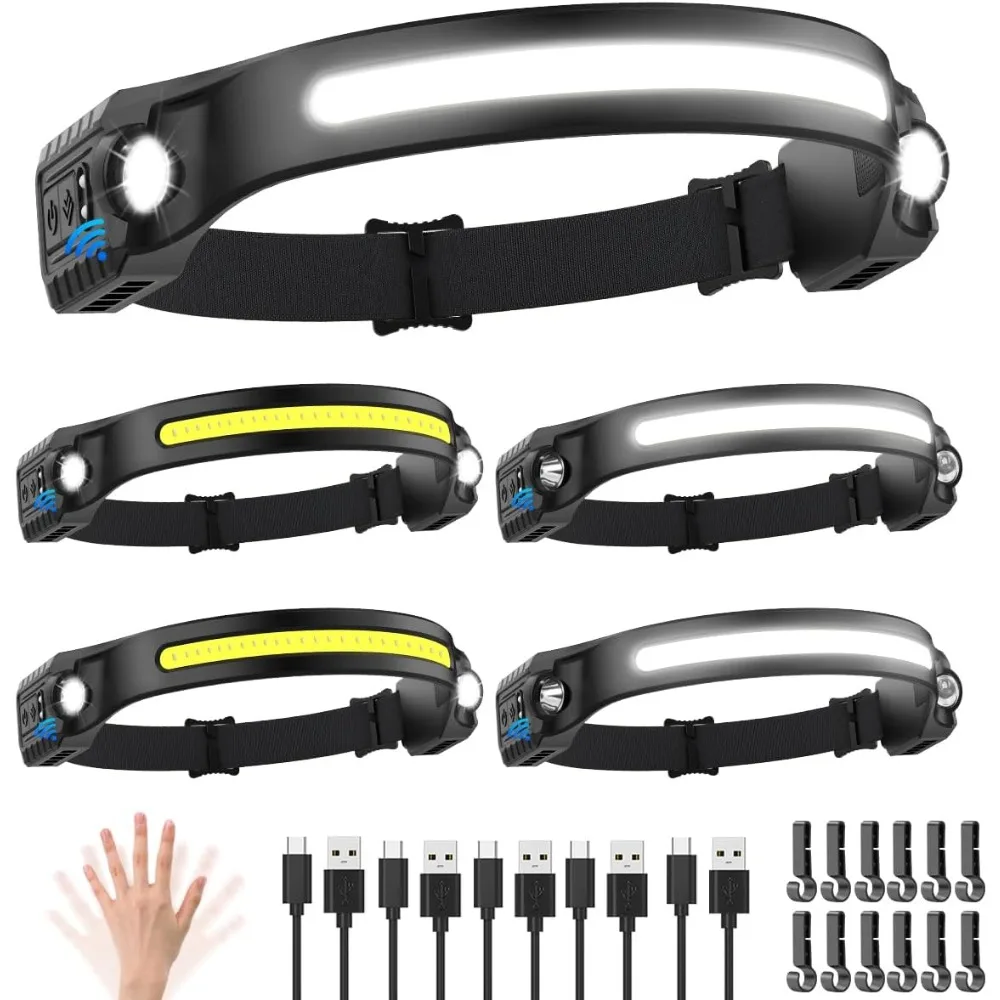 

5-Pack Rechargeable Headlamps, 230° Wide Beam with 2 Spotlights & Motion Sensor, 5 Modes for Running Work Adults
