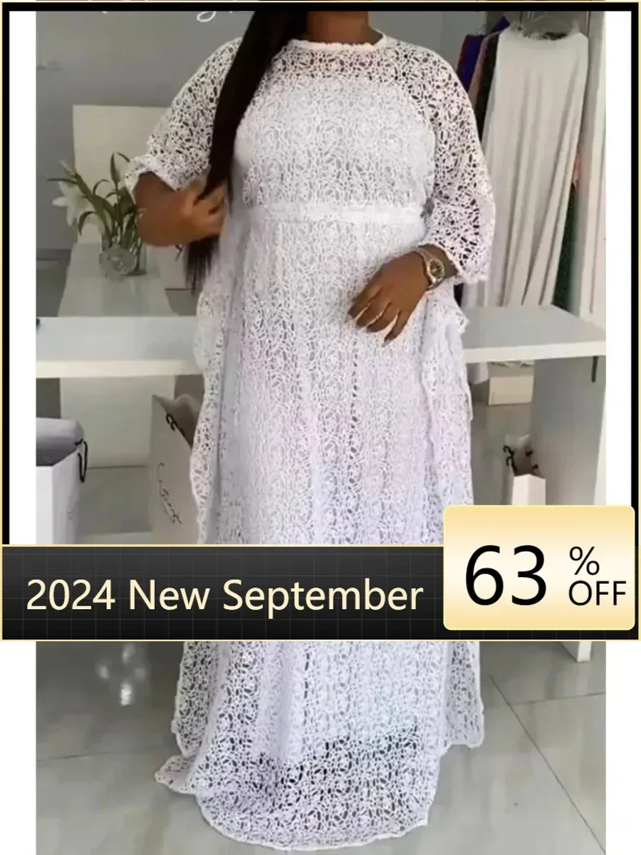 

Customized African Wedding Party Dresses for Women Spring Summer Elegant 3/4 Sleeve White Lace Plus Size Maxi Dress Gowns Africa