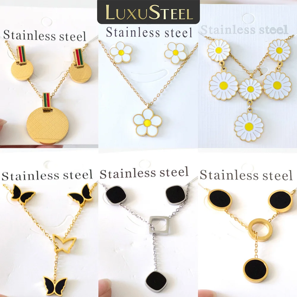 LUXUSTEEL Jewelry Set Flower Oil Drop Shell Pendants Necklace Earring Sets For Women Girl Stainless Steel Chain Necklace Gift