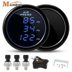 52mm Car Air Pressure Gauge Blue LED Boost Gauges Digital Display 220PSI Air Ride Suspension with 1/8NPT Sensors for Auto Car