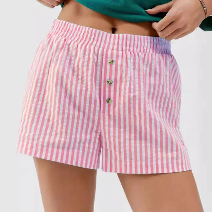 Fashion Stripe Plaid Print Shorts Casual Button Loose Shorts for Women 2025 Summer Commuting Holiday Beach Pants Women Clothing