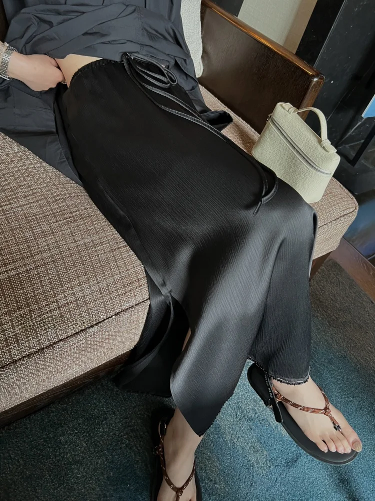 

Элегантная глянцевая юбка миди Superniniyy с бисером, высокой талией, приталенного А-силуэта, женская, летняя, модная, в корейском стиле, из полиэфирного волокна