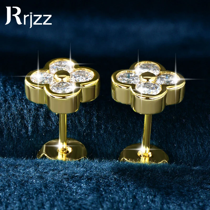 

Rrjzz Four-Leaf Clover D Color VVS1 Moissanite Earrings Imitation Diamond Hypoallergenic Bezel Set Stud Earrings GRA Certified