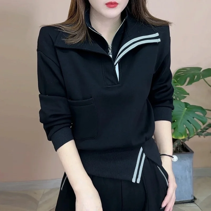 2025년 봄 패셔너블 캐주얼 롱 슬리브 여성 스웨트셔츠 지퍼 디자인 단색 스플릿 지퍼 여성 롱 슬리브 안티-...