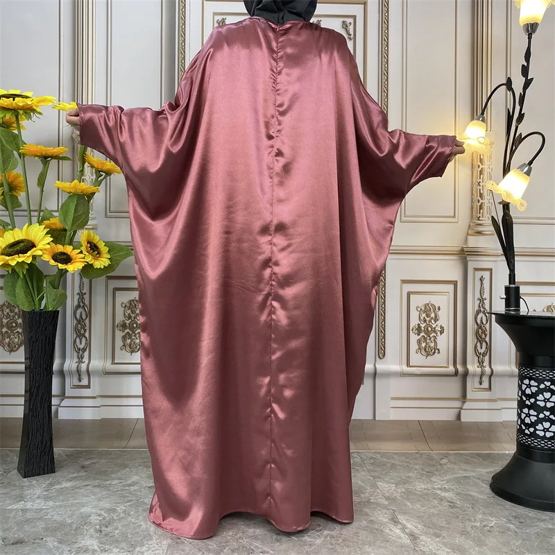 Simple Shiny Satin Round Neck Islamic Robes Middle East Abaya for Women Muslim Dress Modest Colthing Vestido Longo Feminino