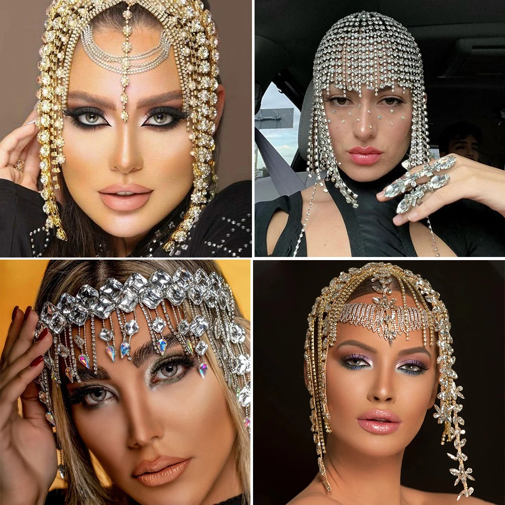 

Shiny Full Rhinestone Hair Accessories for Women All Head Long Tassel Crystal Hair Accessories Banquet Party Headdress Headpiece