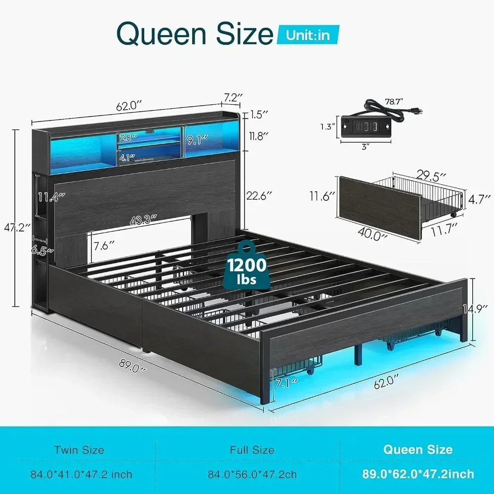 Queen Size Bed Frame, with 4Drawer Storage Headboard, Metal Platform Charging Station, Easy Assembly, LED Bed Frame