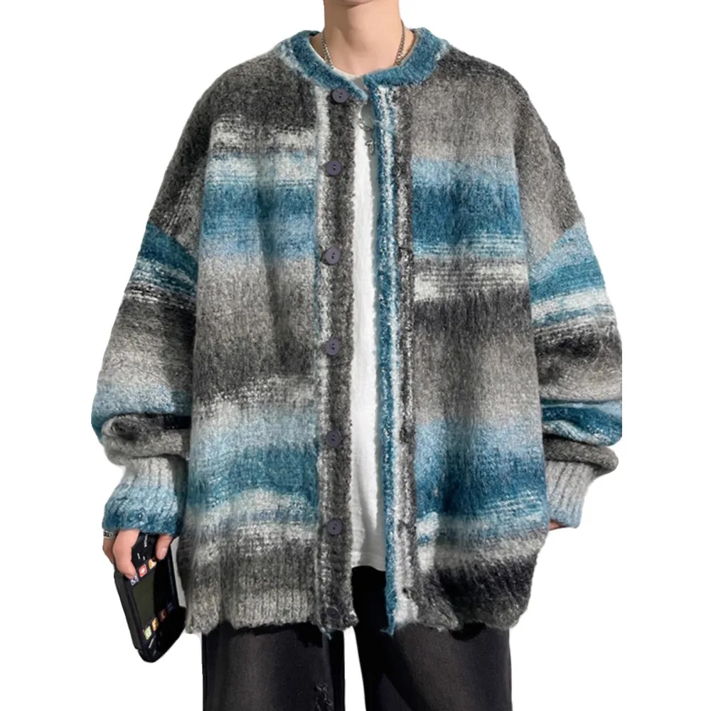 Cardigan maglione lavorato a maglia Tie-dye a contrasto di colore uomo autunno e inverno tendenza giacca Cardigan sciolto 2024 nuova coppia maglione