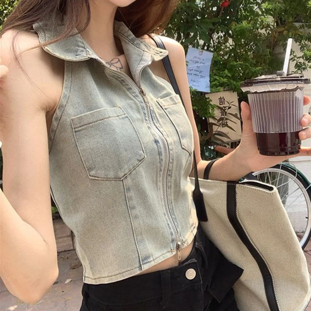 For Daily Wear Double Zipper Vest Everyday Look Blue Lapel Neckline Short Length Slightly Elastic Fabric Slim Waist Design