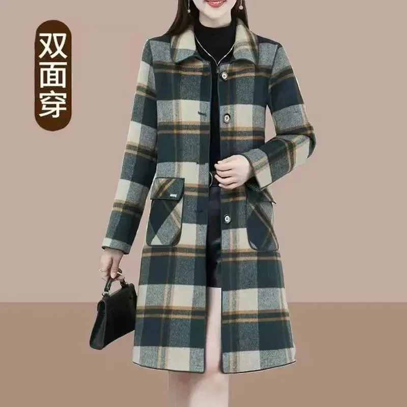 

5XL Autumn Winter New High End Double Faced Cashmere Plaid Coat Long Women Woolen Jacket Fashion Mother Female Wool Windbreaker