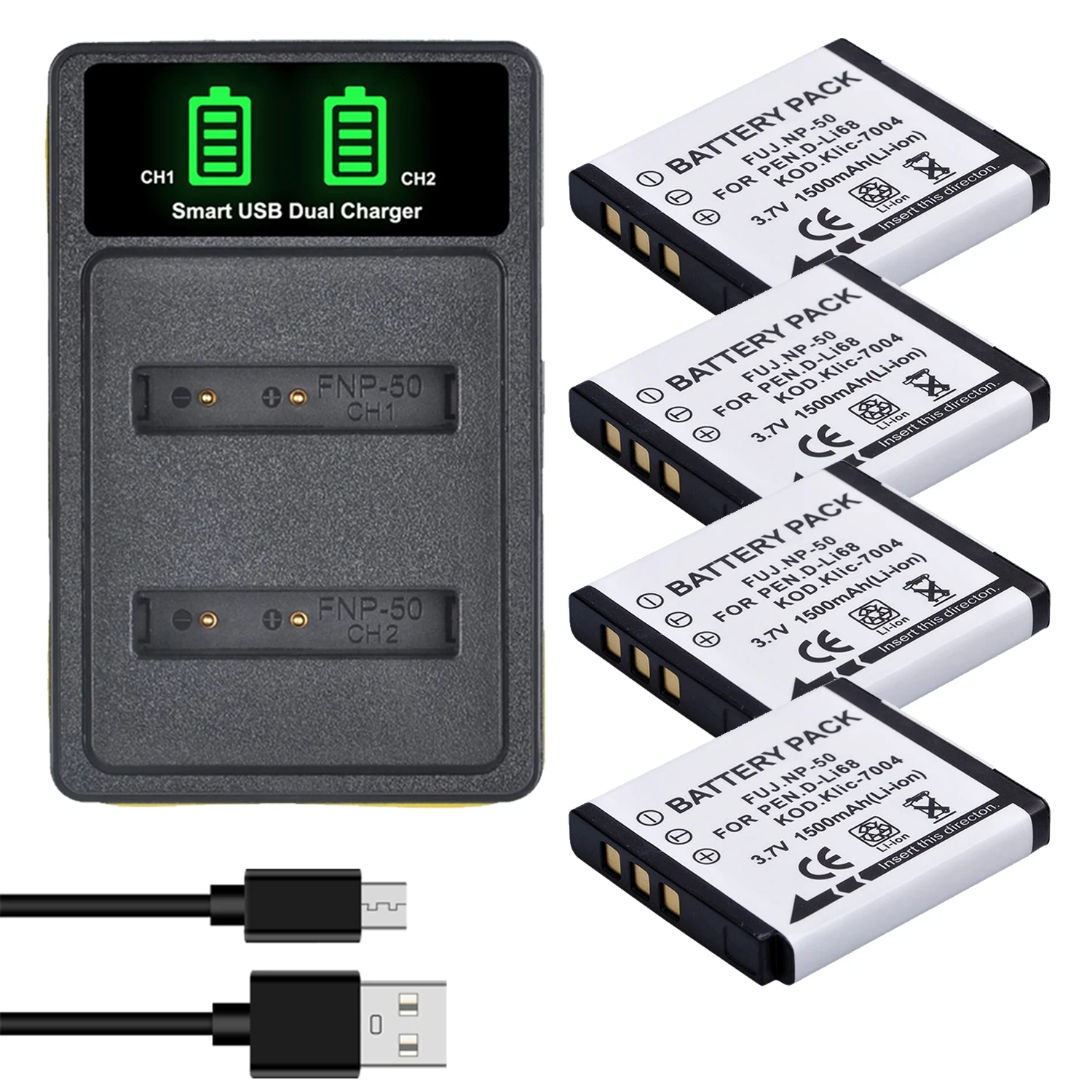 1500mAh NP-50 Battery/LED Dual Charger for Pentax D-Li68,for Fujifilm BC-50,for SiOnyx Aurora Day/Night Action C