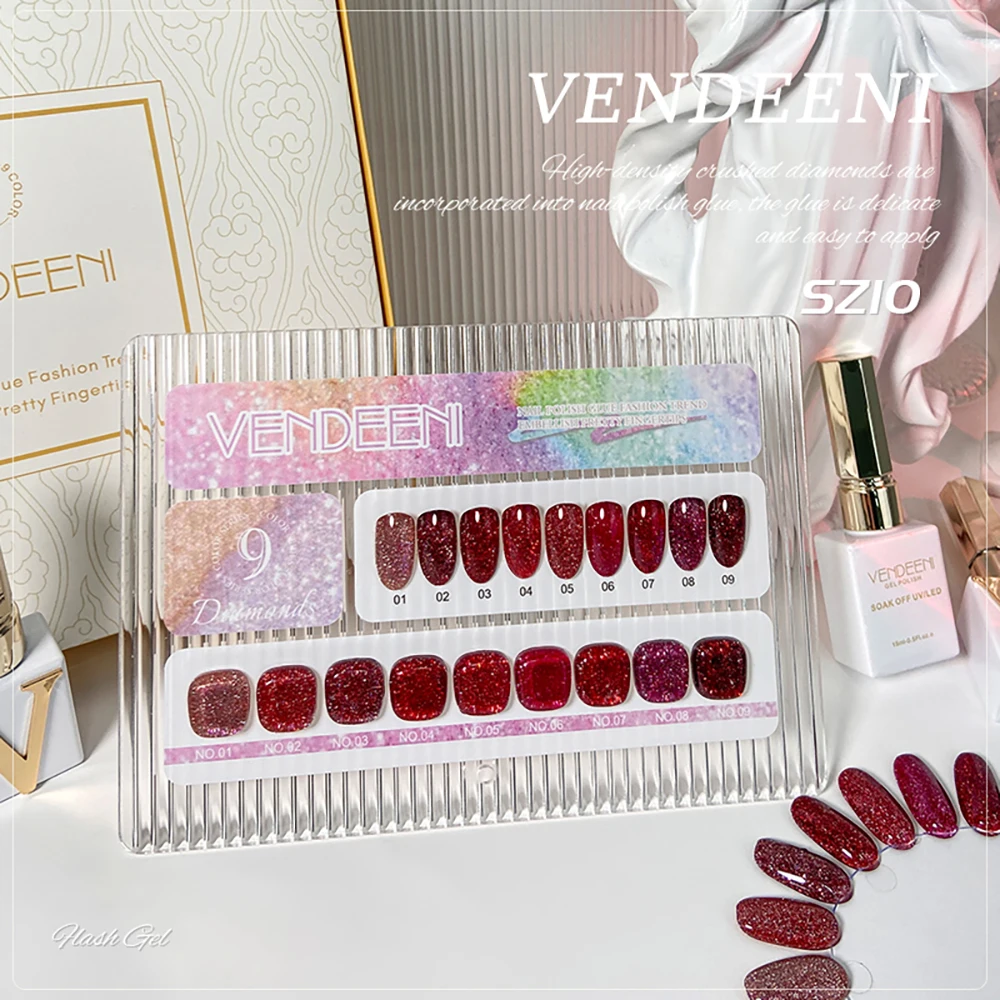 Vendeeni 9 Farben/Set Roter Glitzer-Broken-Diamond-Gel-Nagellack TPO HEMA-FREI Glitzer UV LED Soak-Off Gel-Lack mit Display – Detail 2