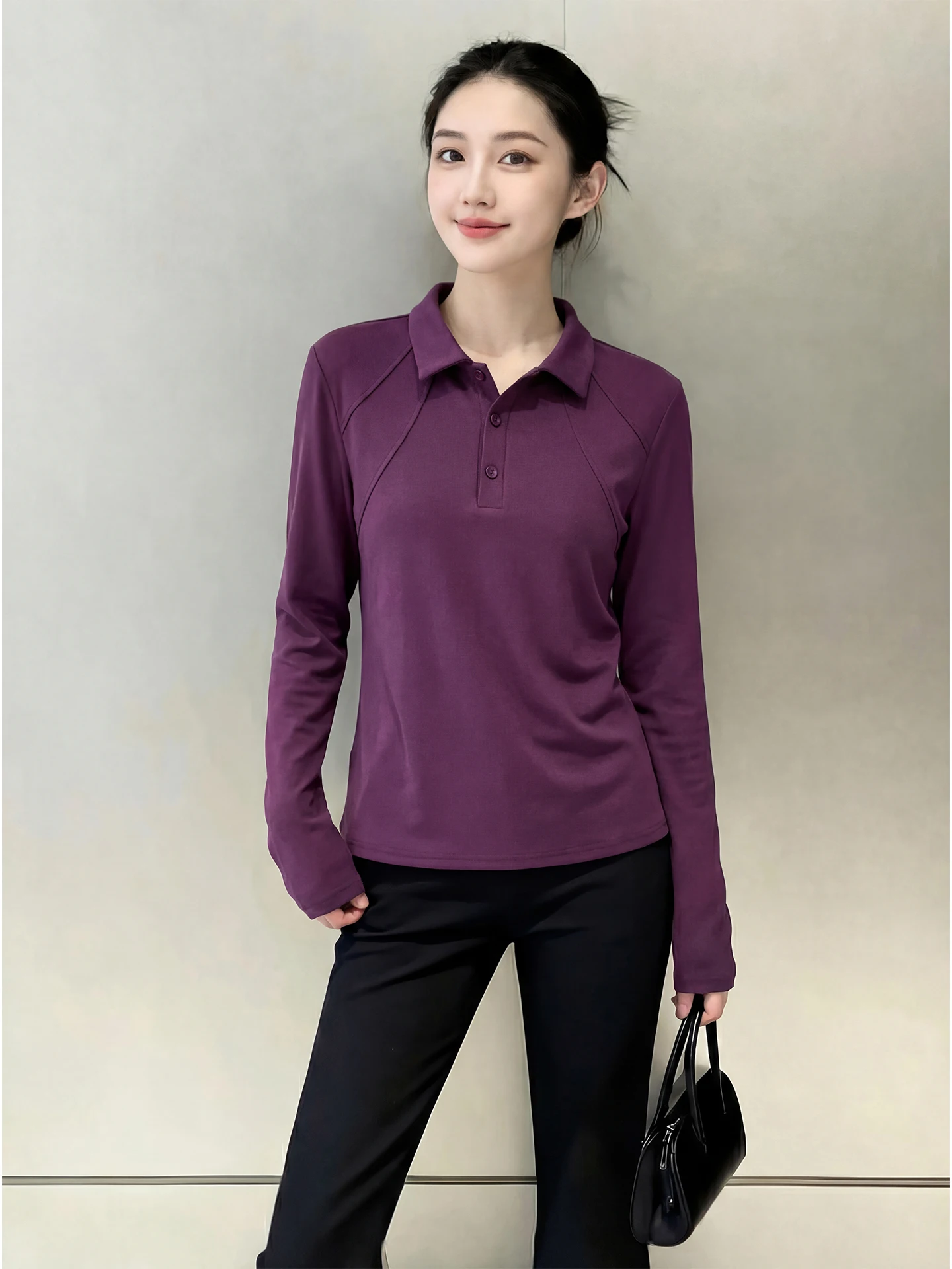 

Spring 2026 plus Size Design Purple Collared Long Sve T-irt Women's Versatile Slimming Base Layer irt Floral Pattern F...