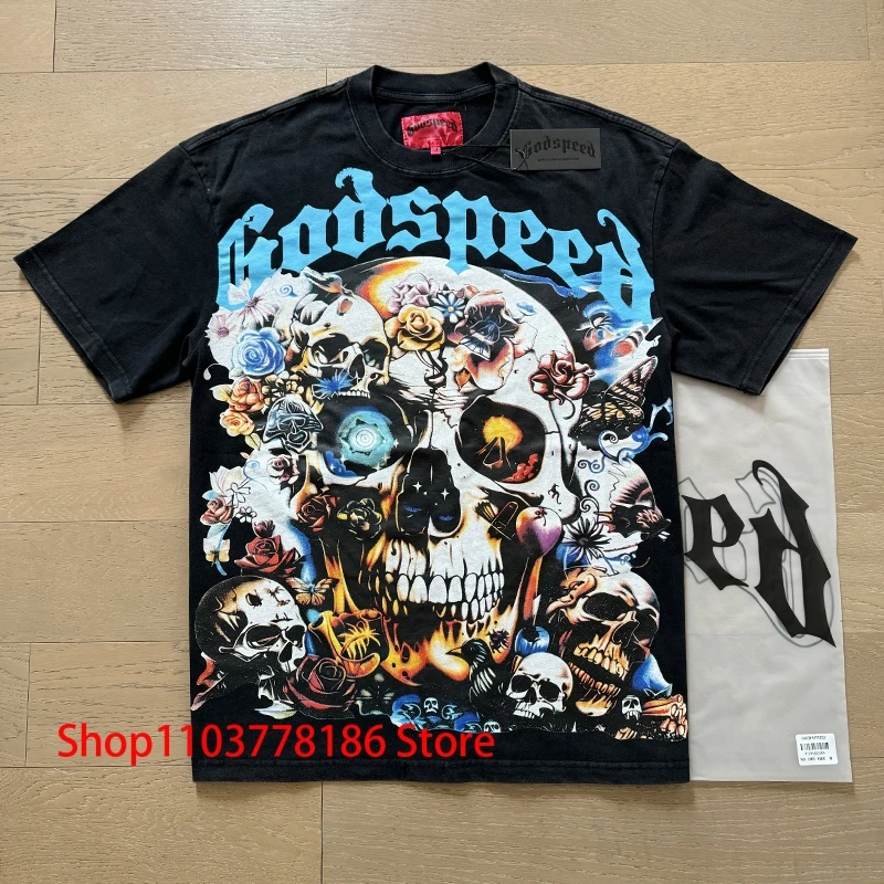 Loose Casual Godspeed T-shirt Pullover American Rock Street Retro Wash Old Short Sleeve Top Skull Flower Print Men's Sweatshirt