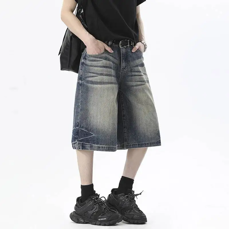 LUZHEN 2026 Summer Original Niche Design Pleated Pattern Gradient Washed Denim Cropped Trousers Men Stylish Shorts Jeans JY7211