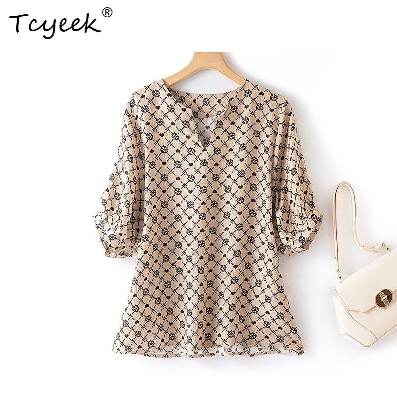 

Tcyeek, 100%Real Silk Elegant T-Shirt For Women, V Neck Short Sleeve Printed, Casual OL Commute Tops, 2024 Summer New T43294QC