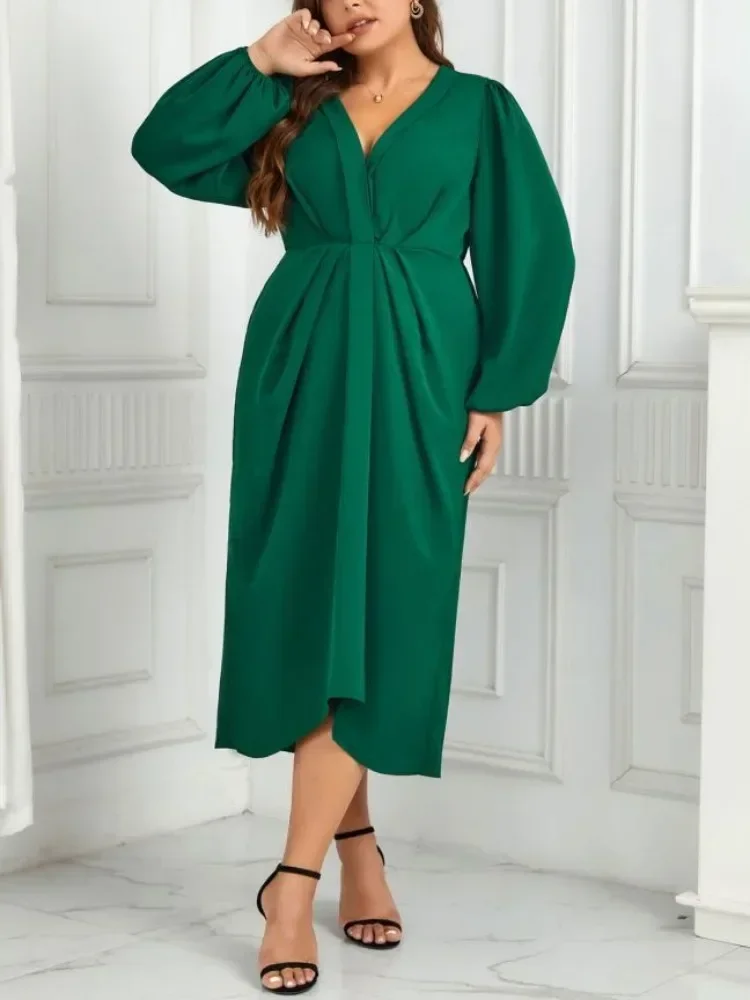 Plus Size Solid V Neck Women Dresses Puff Long Sleeves Ruched Robe Autumn Fall Sprimg Dress Elastic Waist Odzież Damska