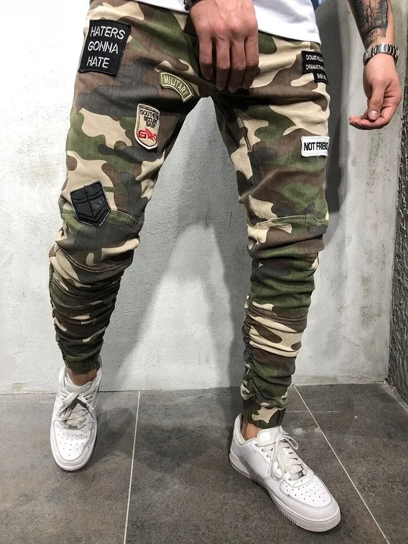 

Fashion Men Jeans Camouflage Military Army Denim Trousers Slim badge Cargo Pencil Pants Man Hip Hop Biker Joggers Hombre